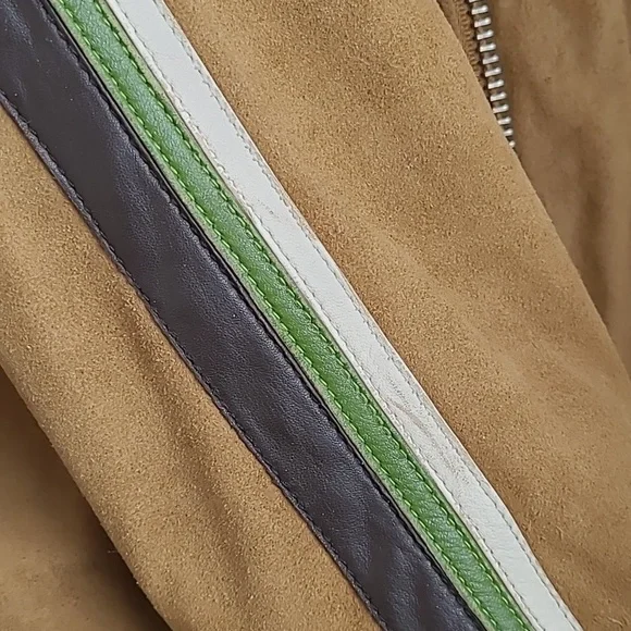 Vintage 90s MISS SIXTY Racer Moto Aviatior Suede Tan Jacket Brown Stripes M/L - Picture 13 of 15